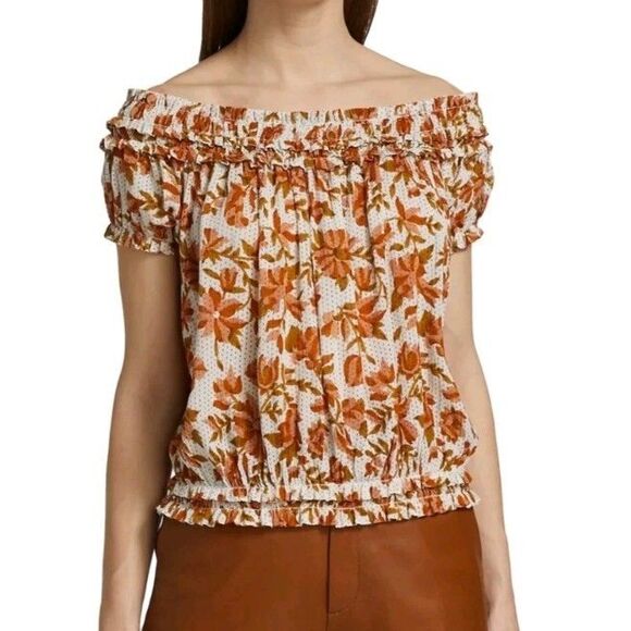 Free People FP One Suki Blouse Sz L Off Shoulder Two Way Top Orange Floral Print - Picture 1 of 11